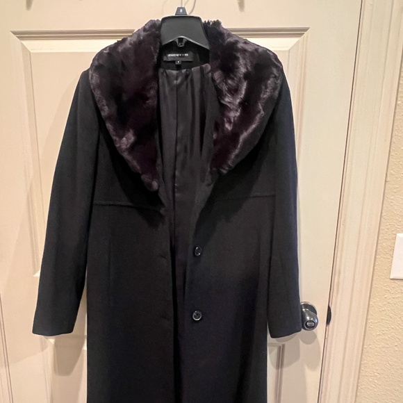 Jones of New York ~ Black trench coat wool faux fur collar - Picture 1 of 7